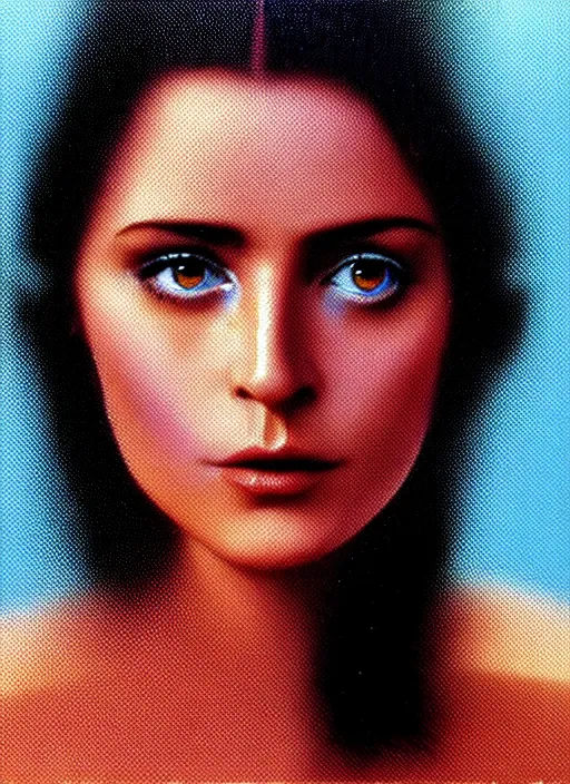 Image similar to amazing pixel art of a film still from a 1971 award-winning Italian film of a young Mexican woman with brunette looking at the camera while in a swirling alternate reality. close-up of face with smokey eyeshadow. soft detailed painting at 16K resolution and amazingly epic visuals. epically beautiful image. amazing effect, image looks gorgeously crisp as far as it's visual fidelity goes, absolutely outstanding. vivid clarity. ultra detail. iridescent. mind-breaking. mega-beautiful pencil shadowing. beautiful face. Ultra High Definition. soft shading. soft texture. intensely beautiful.