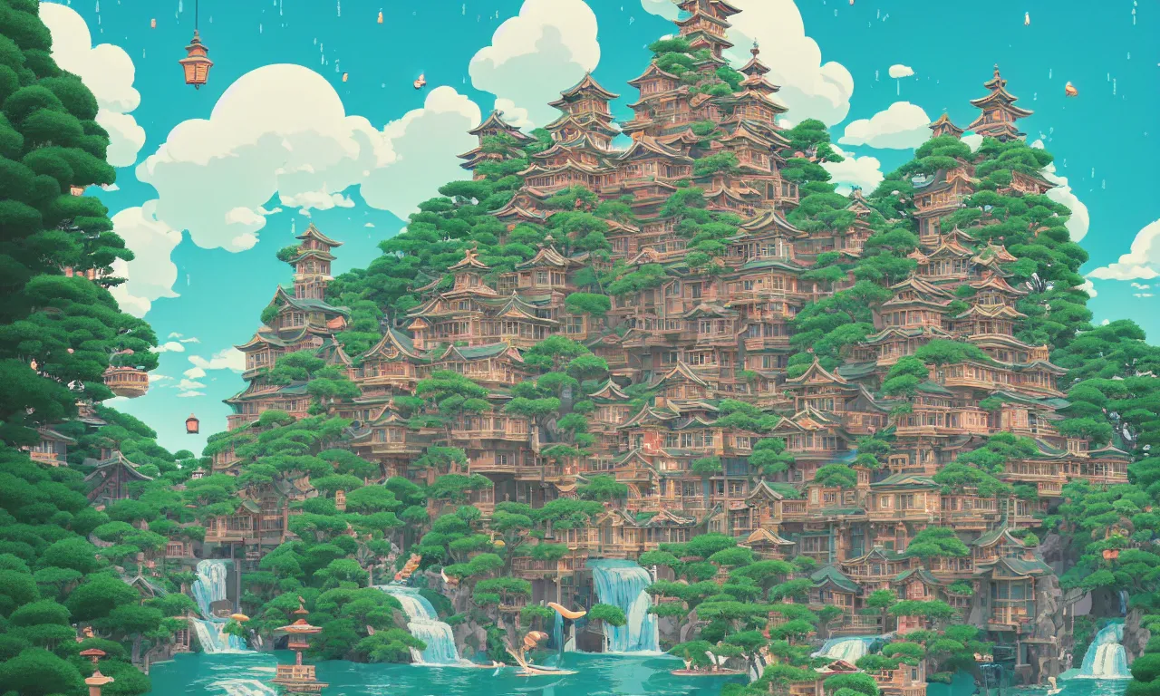 Prompt: STUDIO GHIBLI, flowery Wes Anderson style castles and houses, Japanese lanterns and details, waterfalls, Bookshops, chairlifts, solar, green technology, optimist future by Asher Durand. intricate artwork by Tooth Wu and wlop and beeple and dan mumford and greg rutkowski and nekroxiii. halo. octane render, cinematic, hyper realism, octane render, 8k, depth of field, bokeh. iridescent accents. vibrant.