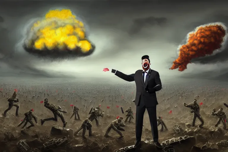 Image similar to a Comedian in suit and tie performing in a battle field with smiling dead bodies on the ground, nuclear cloud in far horizon, comedian is funny, performing to dead soldiers, apocalypse, trending on artstation, artstationHD, hyperdetailed matte painting, highly detailed, digital painting