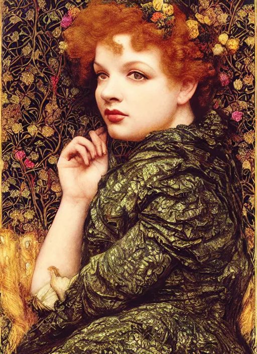 Prompt: masterpiece of intricately detailed preraphaelite photography portrait hybrid of judy garland and rhianna, sat down in train aile, inside a beautiful underwater train to atlantis, betty page fringe, medieval dress yellow ochre, by william morris ford madox brown william powell frith frederic leighton john william waterhouse hildebrandt
