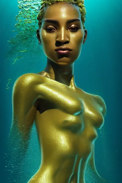 Image similar to hyperrealistic metamodern cinematic half underwater scene with fish and algae, very expressive! translucent elegant african goddess getting out of water, gold jewerly, highly detailed face, digital art masterpiece, aykut aydogdu zener, dramatic volumetric light, long shot, low angle uhd 8 k, sharp focus