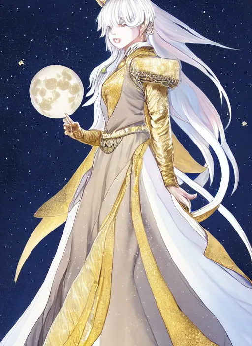 Image similar to commissioned full body portrait of a female anthro wolf princess fursona with white hair wearing a white and gold Japanese armored dress in a white and gold palace on a starry night with a large crescent moon, by a professional manga illustrator, Stanley Artgerm Lau, WLOP, Rossdraws, James Jean, Andrei Riabovitchev, Marc Simonetti, and Sakimichan, trending on artstation