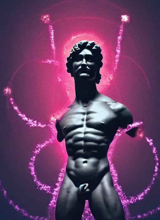 Image similar to statue of victorious hercules, beeple, vaporwave, retrowave, tonal separation, black background, glitch, pixel sorting, strong contrast, pinterest, trending on artstation