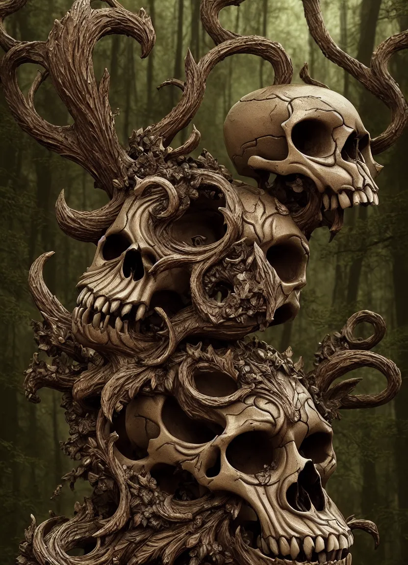 Prompt: ornate carved rat skull statue inside ancient forest, natural light, artwork by neil gaiman maria panfilova andrea savchenko mike kime ludovic plouffe qi shengluo oliver cook julian calle eddie mendoza, trending on artstation