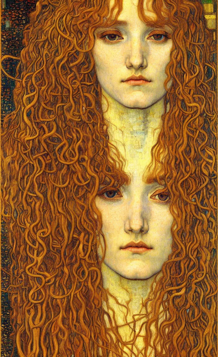 Image similar to detailed realistic beautiful young medieval queen face portrait by jean delville, gustav klimt and vincent van gogh, art nouveau, symbolist, visionary, gothic, pre - raphaelite, muted earthy colors, desaturated