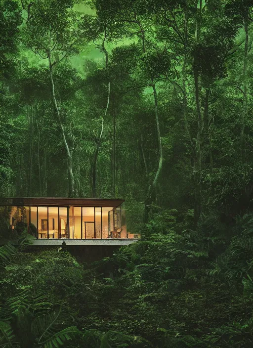 Image similar to an exquisite holiday home in the middle of a lush forest, visible through the lush overgrowth, architectural photography, dark and dim lighting, beautiful, tranquil, moody, cinematic, fantasy, 3 5 mm lens, volumetric lighting, first person view, photographic render, hyper realistic