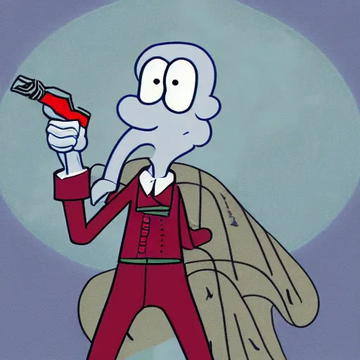Image similar to squidward as a military leader with explosions behind him