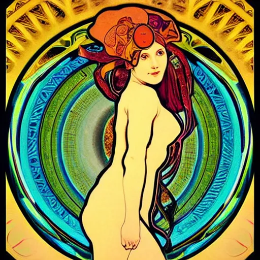 Prompt: “ beautiful extraterrestrial woman goddess standing in a style of Alphonse Mucha, fractals, alien forms, organic, 8k”