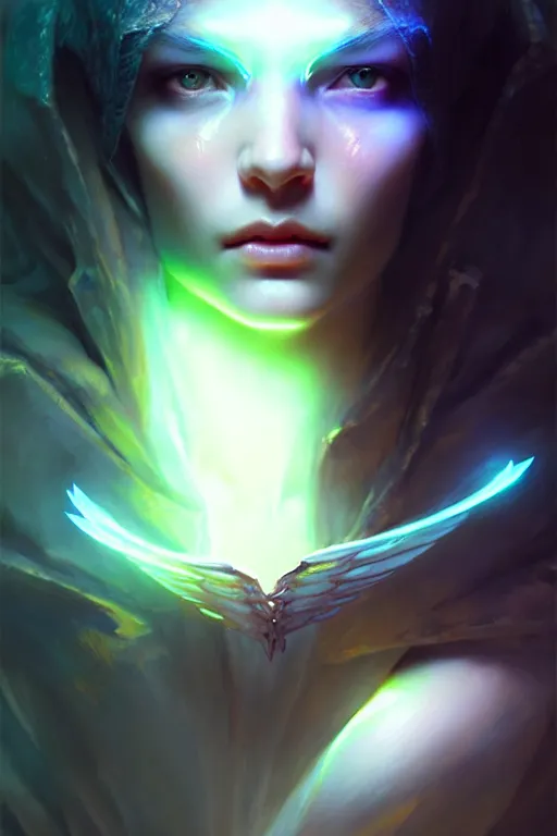 Image similar to beautiful necromancer girl, angels, wonderful eyes, three - dimensional rendering, hyperrealistic detailed portrait holding light and electricity, ruan jia, clap. scifi, fantasy, magic the gathering, over - detailed, octane rendering, concept art by artgerm, peter murbacher, detailed and complex environment