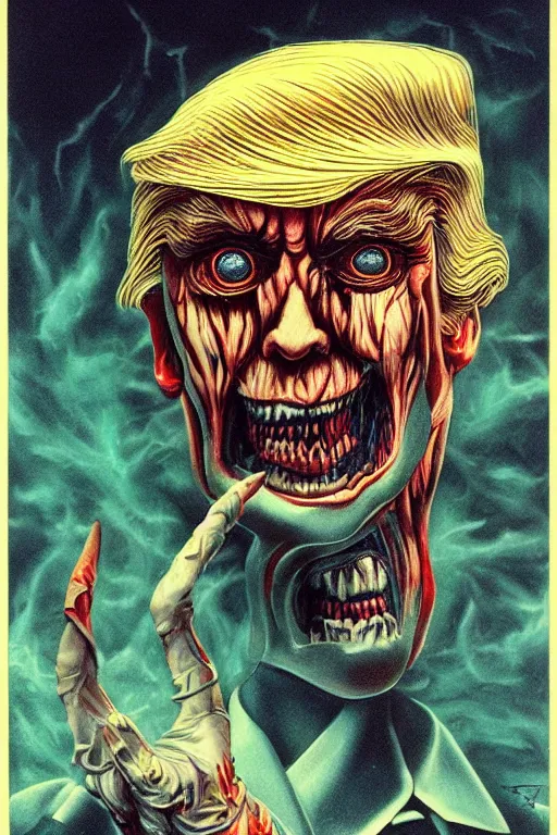 Prompt: donald trump's disgusting true form, horror, high details, intricate details, by vincent di fate, artgerm julie bell beeple, 90s, inking, vintage 60s print, screen print