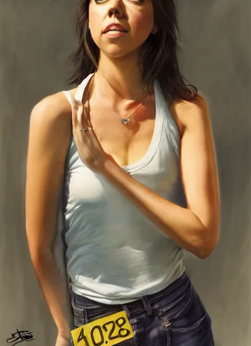 Image similar to full length photo of an similing Aubrey Plaza in a tanktop in the style of stefan kostic, not realistic, sharp focus, 8k high definition, insanely detailed, intricate, elegant, art by stanley lau and artgerm