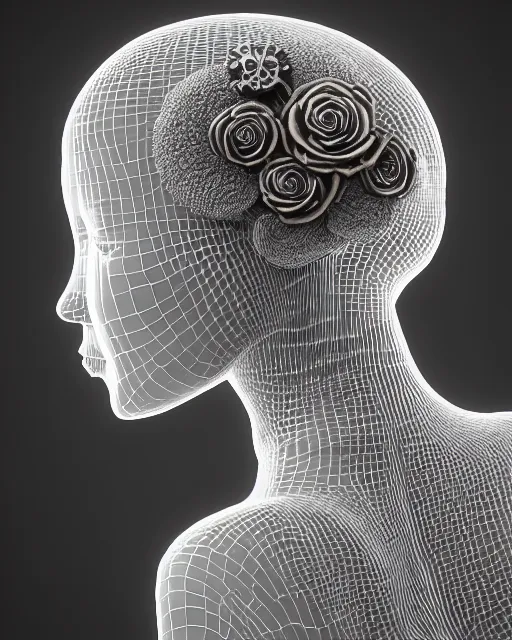 Image similar to mythical dreamy black and white organic bio-mechanical spinal ribbed profile face portrait detail of translucent steampunk beautiful female angelic-human-queen-vegetal-cyborg, highly detailed, intricate trnaslucent ivy jelly ornate, poetic, translucent roses ornate, 3D render, digital art, octane render, 8K artistic photography, photo-realistic, by Dora Maar