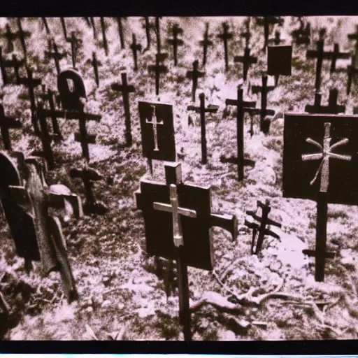 Prompt: occult sacrifice site, many crosses and effigies, taken with Polaroid camera with dark and dark ominous lighting