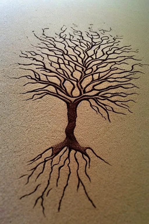 Prompt: a tree, art at the beach drawn in sand, intricate, elegant, highly detailed, smooth, sharp focus, artstation