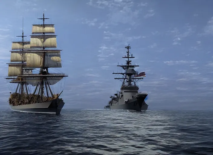 Image similar to a 1700s pirate ship sailing next to modern day US destroyer sailing side by side, hyper-realistic