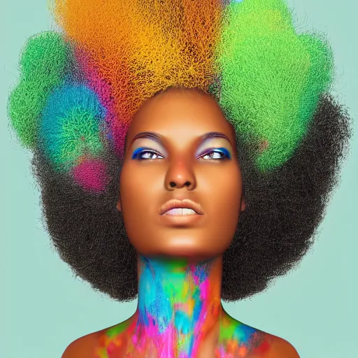 Prompt: photorealistic portrait of a black woman with an afro, trippy, 4 k, 8 0 mm