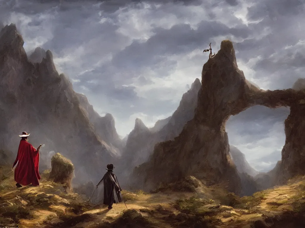 Prompt: a man in a cloak and a brimmed hat with a staff is wandering trough the mountains on an alien planet in the style of neo-romanticism