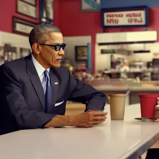 Prompt: blurry film still of obama meeting gus fring at los pollos hermanos, breaking bad scene, octane render, 4k, photorealistic, detailed