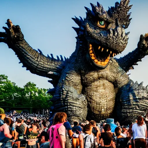 Prompt: Godzilla performing at Woodstock, Leica 20mm, 4K