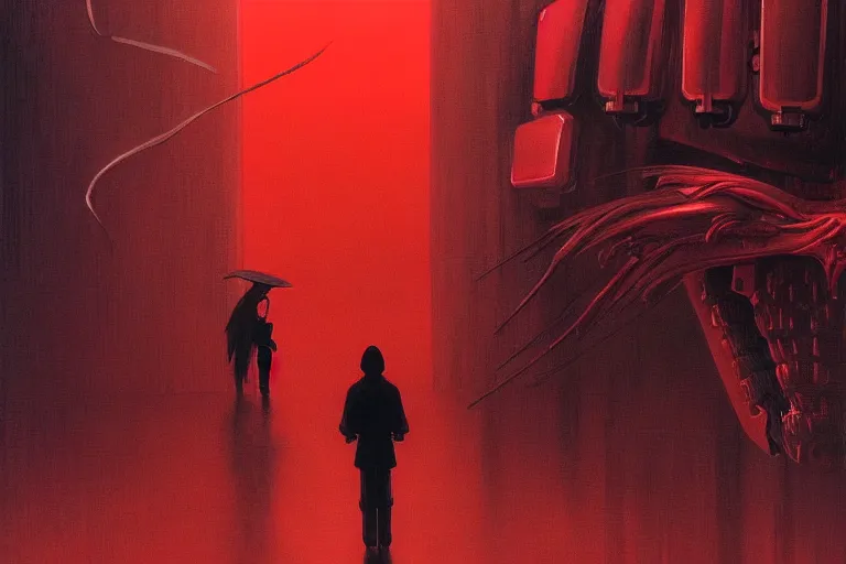 Image similar to only with red, a red cyborg samurai, tokio futuristic in background, some evil yokai, in the style of beksinski, parts by edward hopper, parts by rodcenko, parts by yue minjun, intricate and epic composition, red by caravaggio, insanely quality, highly detailed, masterpiece, red light, artstation, 4 k