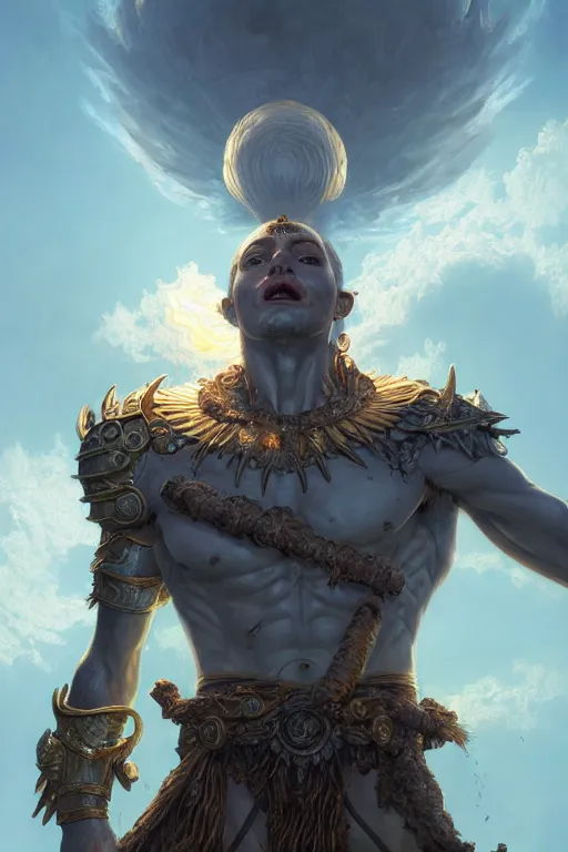 Image similar to humanoid god of the sun, highly detailed, d & d, fantasy, hyper detailed, digital painting, trending on artstation, apollo, concept art, sharp focus, illustration, art by artgerm and magali villeneuve and greg rutkowski and michael whelan, cryengine, 8 k realistic atmospheric lighting, frostbite 3 engine