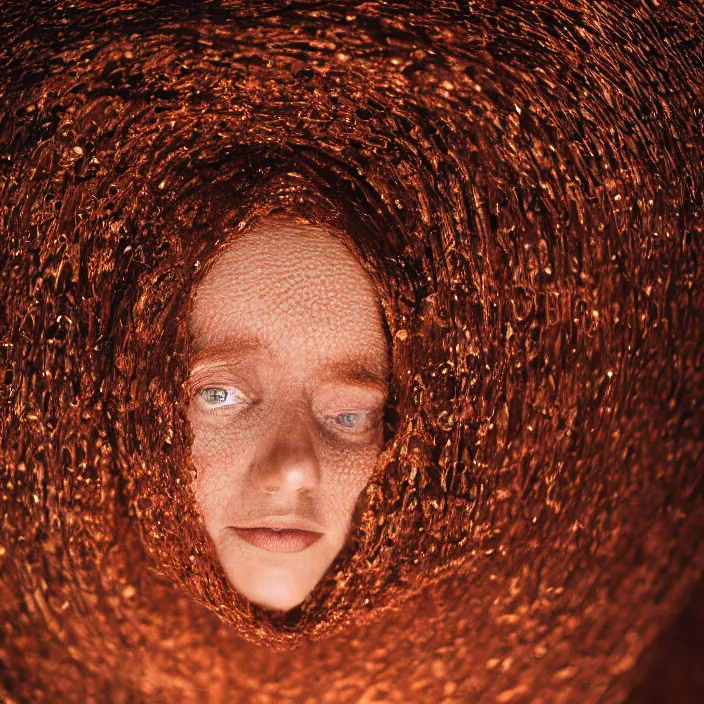 Prompt: closeup portrait of a woman wrapped in copper fiber, in waitomo caves new zealand, color photograph, by vincent desiderio, canon eos c 3 0 0, ƒ 1. 8, 3 5 mm, 8 k, medium - format print