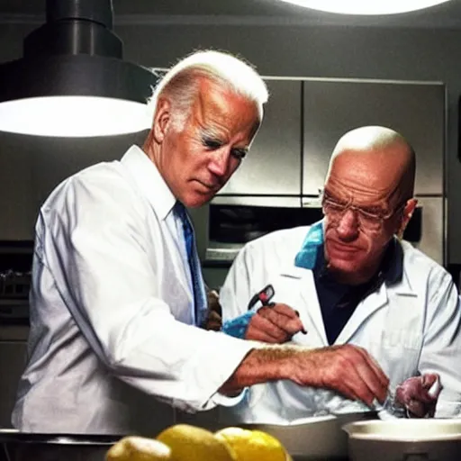 Image similar to “Very photorealistic screenshot of Joe Biden and Walter White cooking drugs in an episode of Breaking Bad, atmospheric lighting, award-winning”