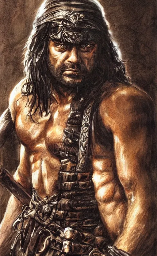 Image similar to oscar isaac as conan the barbarian, portrait, dark atmosphere, high fantasy, chiaroscuro, illustration, art by simon bisley