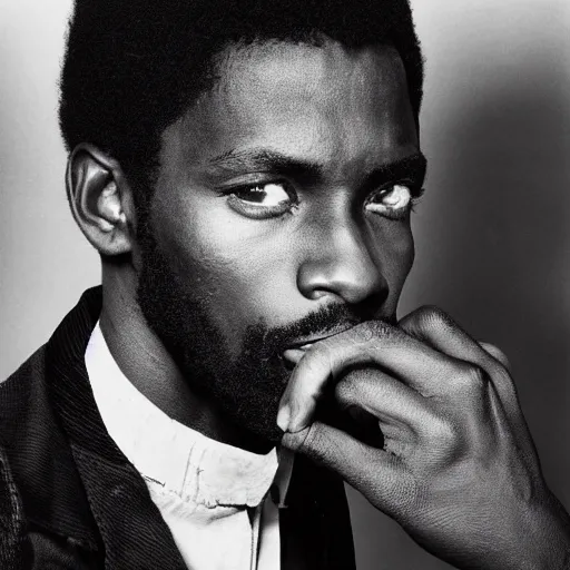 Image similar to the handsome african male model and the black panther, black and white, by richard avedon,