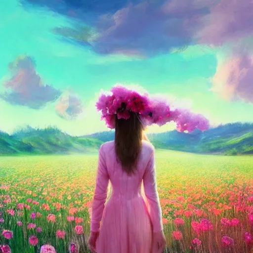 Image similar to girl with a blooming flower for a head, surreal photography, dream, standing in flower field, magical, in a valley, sunrise dramatic light, impressionist painting, colorful clouds, artstation, simon stalenhag, blooming flower face