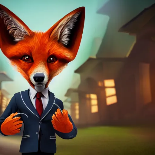 Image similar to award - winning extremely detailed fantasy art of a cute male anthropomorphic vulpes vulpes fulva teacher wearing suit working at a school, 4 k cinematic still photography, dramatic lighting, lifelike