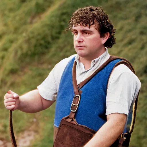 Prompt: close up of a frowning clean shaven pudgy British lad with short curly dark brown hair as a hobbit wearing a white men's crossbody sling chest bag and blue vest, blue vest!! white crossbody chestbag!! high resolution film still, movie by Peter Jackson