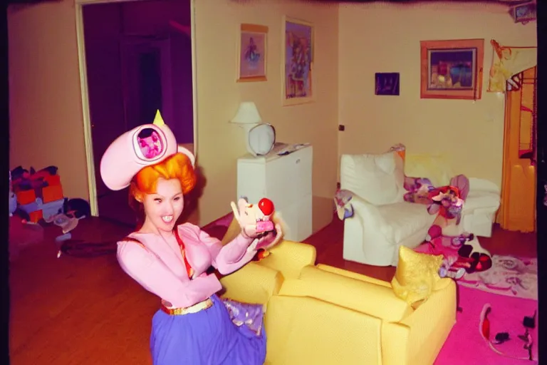 Image similar to a funny unexpected photo made with a disposable camera of a real life Princess Peach having fun in my livingroom, in color