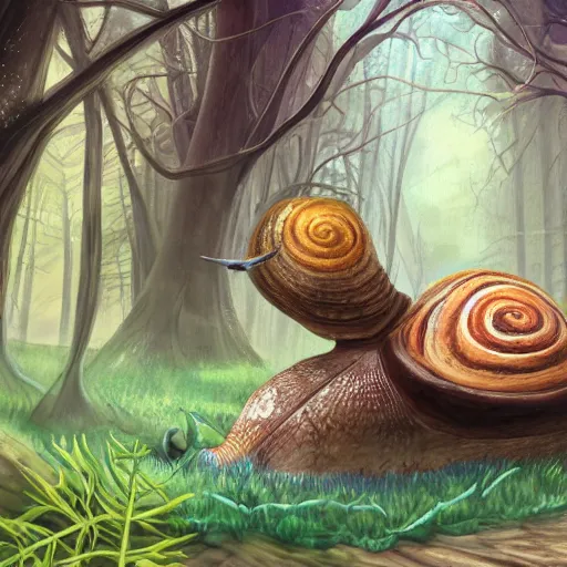 Image similar to friendly smiling giant snail in fantasy feywild swamp, illustration, realistic