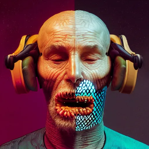 Image similar to Colour Photography of 1000 years old man with highly detailed 1000 years old face wearing higly detailed cyberpunk VR Headset designed by Josan Gonzalez Many details. Man eating higly detailed hot-dog. In style of Josan Gonzalez and Mike Winkelmann andgreg rutkowski and alphonse muchaand Caspar David Friedrich and Stephen Hickman and James Gurney and Hiromasa Ogura. Rendered in Blender