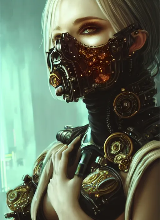 Image similar to soft lustrous ivory ebony biotech raver gutter punk gothic steampunk cyborg, golden ratio, details, scifi, fantasy, cyberpunk, intricate, decadent, highly detailed, digital painting, octane render, artstation, concept art, smooth, sharp focus, illustration, art by artgerm, loish, wlop