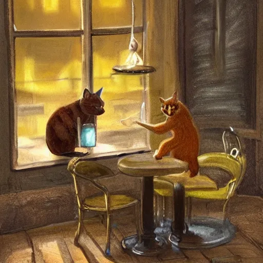 Prompt: brown cat with yellow eyes is sitting at table in a cafe at paris in early 2 0 th century. it is licking milk from little saucer, atmospheric feeling, warm colours, brown colours, yellow colours, epic scene, cinematic, very detailed, concept art, trensing on artstation