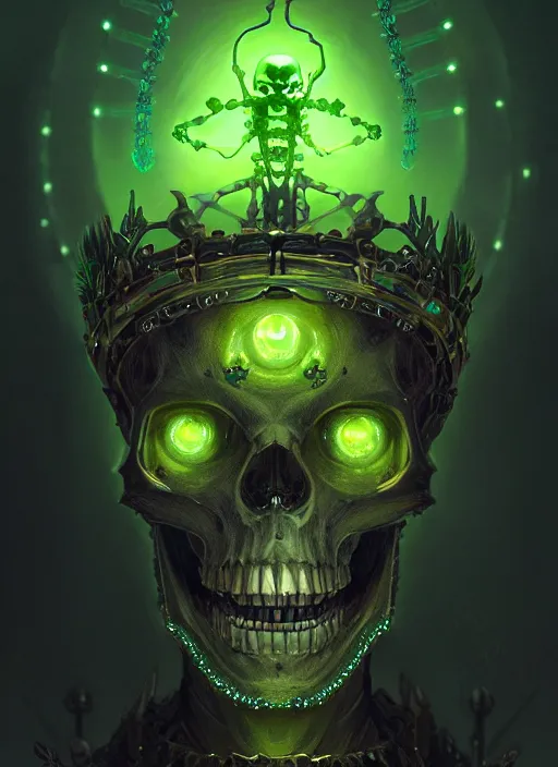 Image similar to portrait of a cyber skeleton, holding a glowing green crown of phantasmal swords, intricate, glowing lights, highly detailed, digital painting, artstation, concept art, smooth, sharp focus, illustration, art by wlop, mars ravelo and greg rutkowski