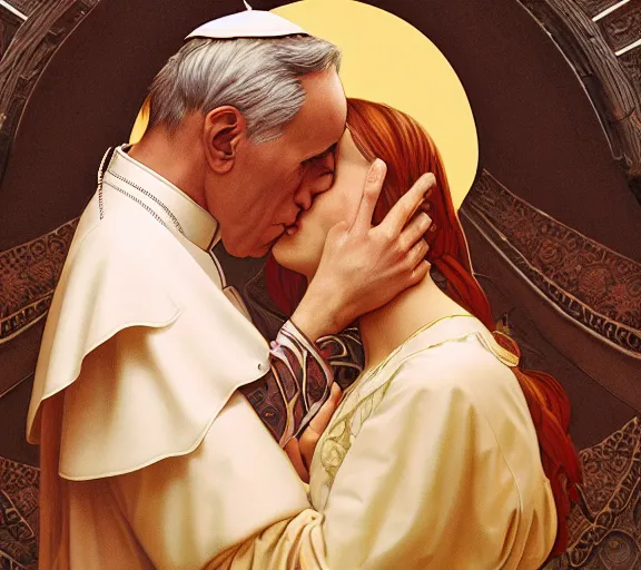 Image similar to photography of a pope kissing the breast of a sensual woman, deep focus, intricate, elegant, highly detailed, digital painting, artstation, concept art, matte, sharp focus, illustration, art by artgerm and greg rutkowski and alphonse mucha