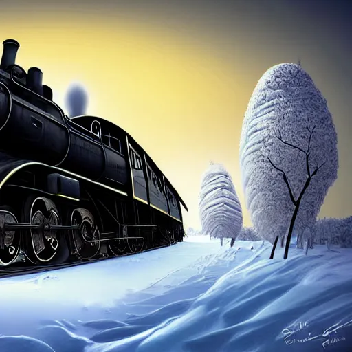 Image similar to a futuristic black steam train and a giant mammoth, post - apocalyptic ice landscape with heavy snow, digital art