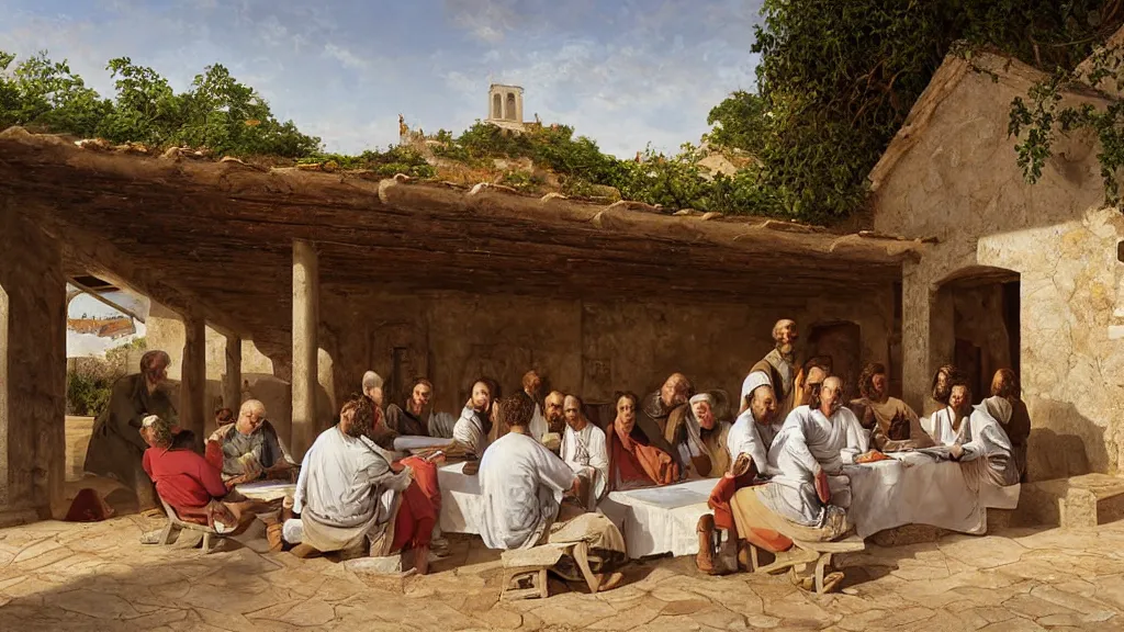 Image similar to soccer players seating in the scene of the last supper, under the porch of a typical portuguese house, with typical alentejo landscape in the back, sunny morning, matte painting, oil canvas, photorealistic illustration, extreme detail, hyper realistic, highly detailed, digital art