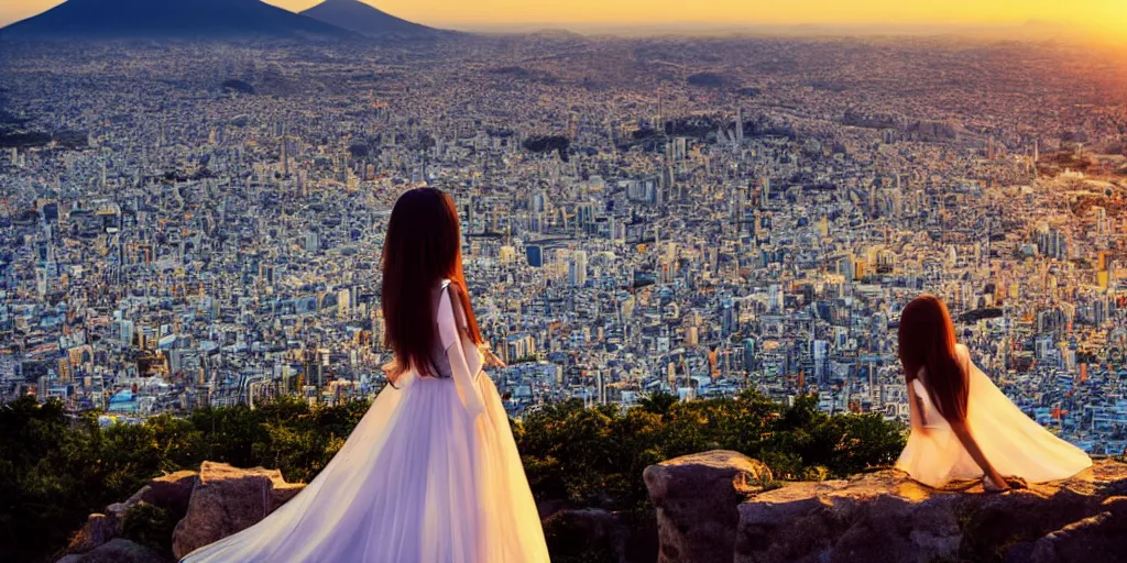 Prompt: a stunning frame from an anime view from a hill of amazing beauty. a girl in a white transparent dress looks at a stunning japanese city at sunset, a stunning figure of a girl