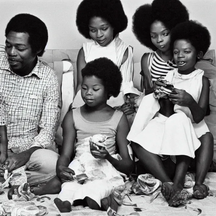 Image similar to vintage realistic photo of an African American family in 1979 with two daughters and a son eating chicken, mash potatoes, and rolls for dinner. While “good times” plays on the tv in the background