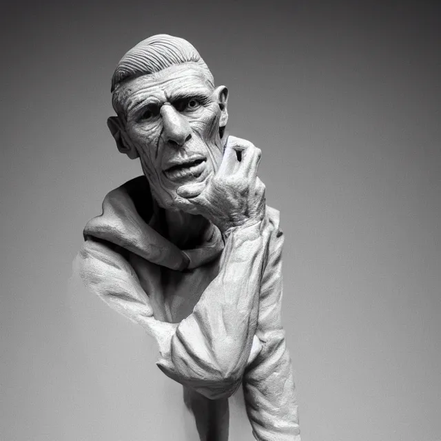 Image similar to photography of a sculpture of Samuel Beckett made of clay by Sebastian Kruger and Michelangelo, 50mm, studio atmosphere, 8K, rim light, octane render, ultra-realistic