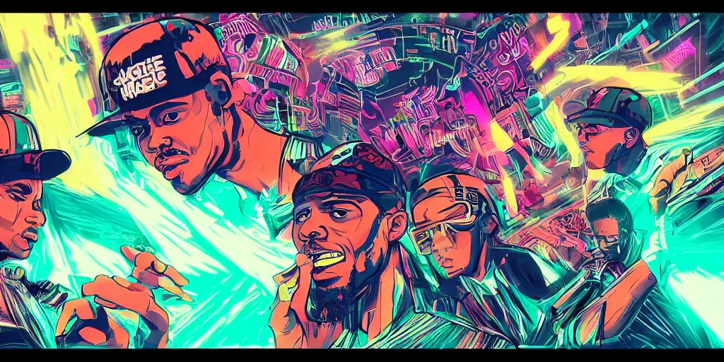 Image similar to rap battle, digital art, vapor wave, hip hop, tron, trending on Artstation, professional artist, detailed, 4k