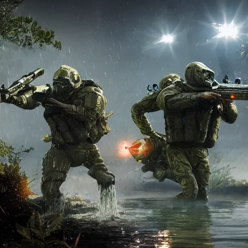 Image similar to amphibious mobile combat armor stepping out of a pond with a lazer rifle dripping water. film still. brightly lit scene. this 4 k hd image is trending on artstation, featured on behance, well - rendered, extra crisp, features intricate detail, epic composition and the style of unreal engine.
