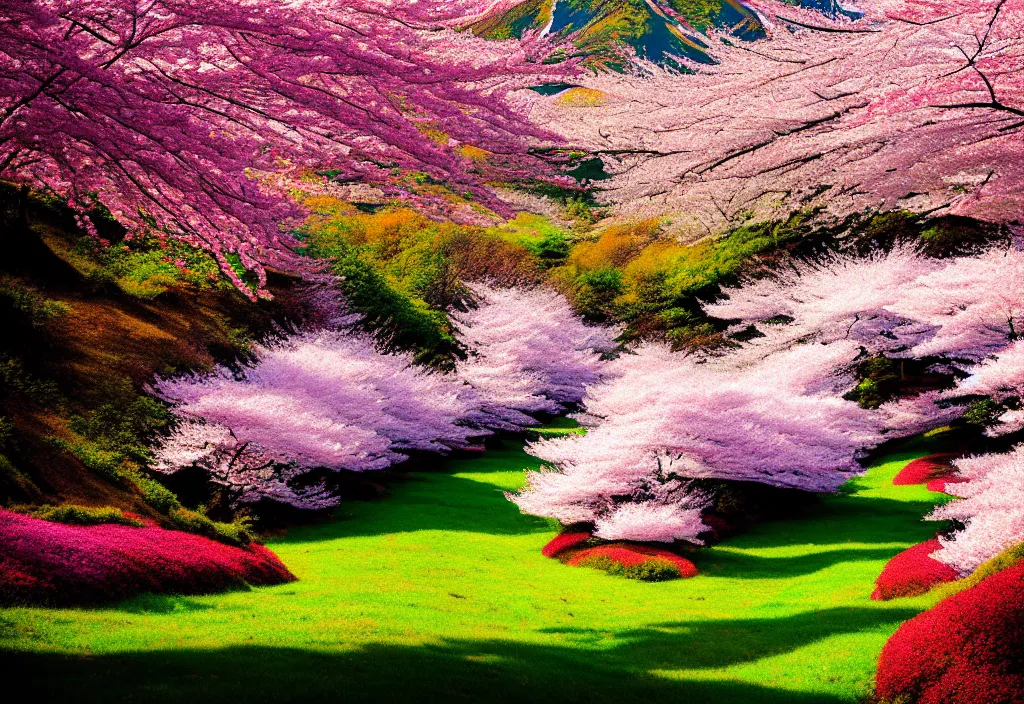 Image similar to a real photographic landscape painting with incomparable reality, wide angle, in forest, flowers, cherry blossom tree in full bloom, bright style, mount fuji, clearing, magnificent, artstation