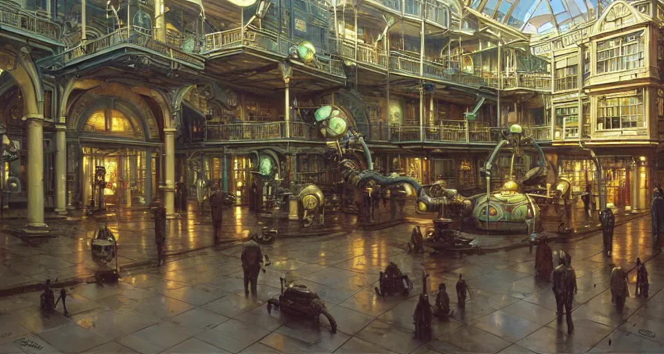 Prompt: victorian shopping mall courtyard, microscopy cyborg cephalopods minimalist oil painting by donato giancola, chris foss, maschinen krieger fetuses organic laboratory, beeple, the matrix, star wars, ilm, star citizen, mass effect, warm coloured, artstation, atmospheric perspective