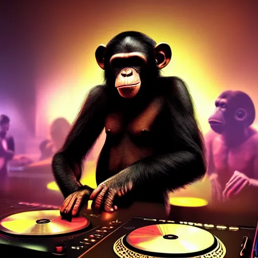 Image similar to a chimp dj in nightclub, people dancing in background, anatomy, bathed in light, highly detailed, photorealistic, artstation, smooth, sharp focus, illustration, unreal engine 5, 8 k, art by artgerm and greg rutkowski and edgar maxence