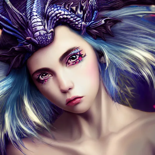 Prompt: The dragon girl portrait, portrait of young girl half dragon half human, dragon girl, dragon skin, dragon eyes, dragon crown, blue hair, long hair, highly detailed, cinematic lighting, by Sofia Coppola